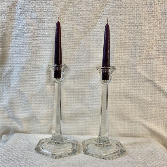 Vintage New Martinsville Tall Clear Glass 9” Candlestick Set Of 2 USA Ma… - Picture 2 of 8